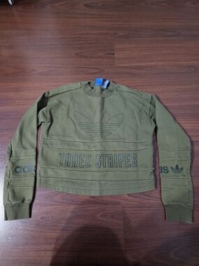 adidas Olive Green Crewneck Sweatshirt with Blue Logo Tags